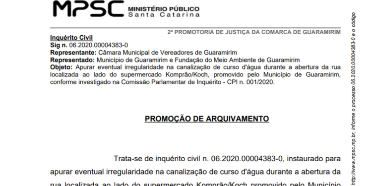 Ministério Público de Santa Catarina pede arquivamento de CPI em Guaramirim