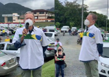 Empresário Wandér Weege, do grupo Malwee, discursa em evento pró-Bolsonaro em Jaraguá do Sul