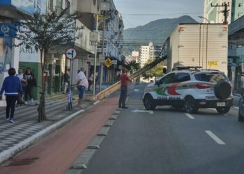 Caminhão derruba poste no Centro de Jaraguá do Sul