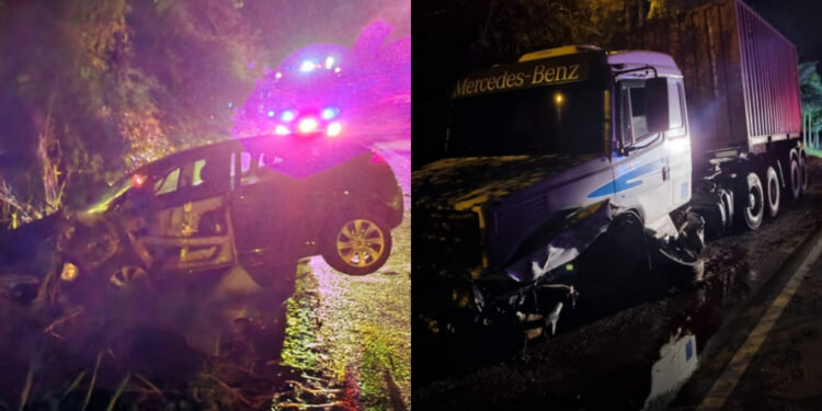 Carro e caminhão batem na SC-108, em Massaranduba