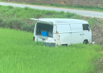 Kombi cai em plantação de arroz após acidente em Massaranduba