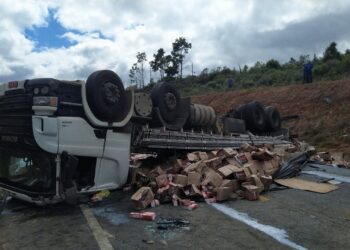 Caminhão carregado de leite tomba na BR-282
