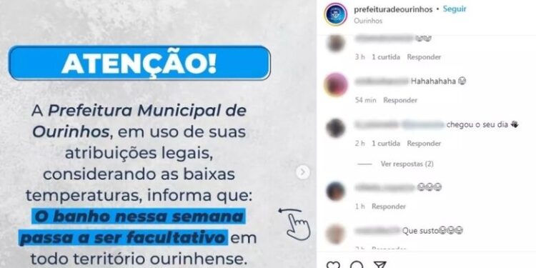 Prefeitura viraliza ao decretar ‘banho facultativo’ por conta do frio
