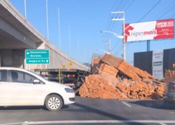 Carga de madeira se desprende de caminhão em viaduto de Guaramirim