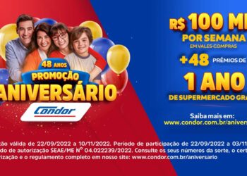 Aniversário Condor tem R$ 100 mil por semana e 48 prêmios de 1 ano de supermercado grátis
