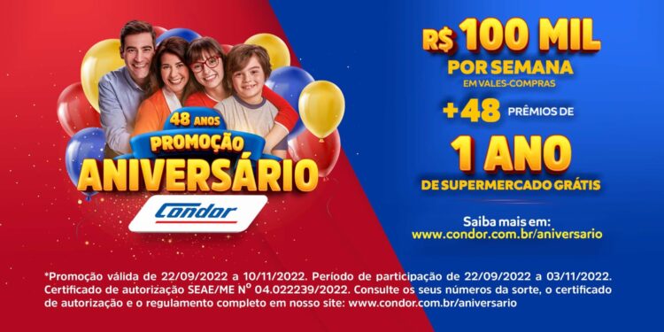 Aniversário Condor tem R$ 100 mil por semana e 48 prêmios de 1 ano de supermercado grátis