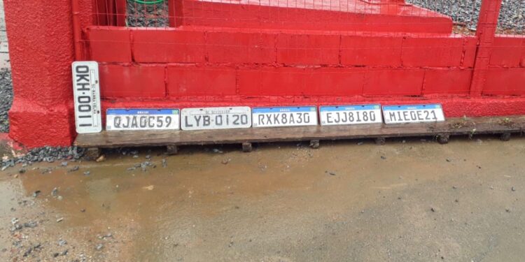 Empresário recolhe placas de veículos perdidas após alagamento em Jaraguá