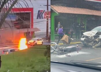 [Vídeo] Moto pega fogo após colisão com carro em Jaraguá do Sul