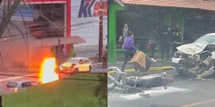 [Vídeo] Moto pega fogo após colisão com carro em Jaraguá do Sul