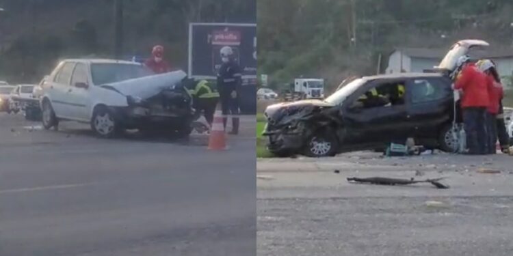 [Vídeo] Dois homens ficam feridos após acidente na SC-108, em Guaramirim