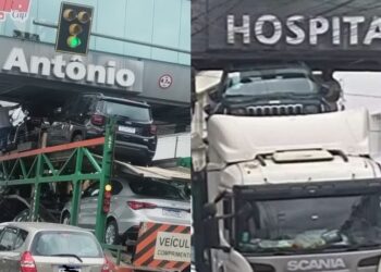 Carro em caminhão-cegonha fica preso em Blumenau