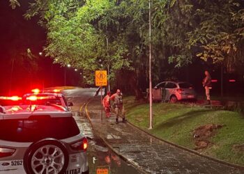 Homem embriagado perde controle de veículo e sobe canteiro em Jaraguá do Sul