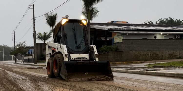 Equipes trabalham na limpeza da Via Verde em Jaraguá