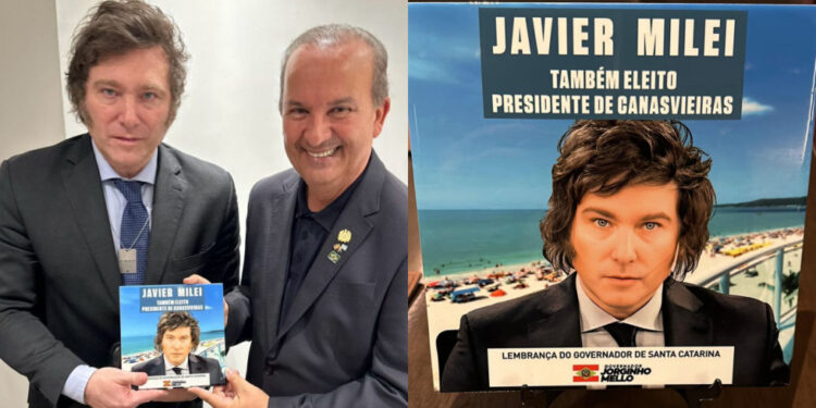Jorginho entrega placa para Milei “Presidente de Canasvieiras”
