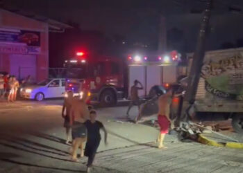 [Vídeo] Caminhão perde freio e motorista joga veículo contra poste em Jaraguá do Sul