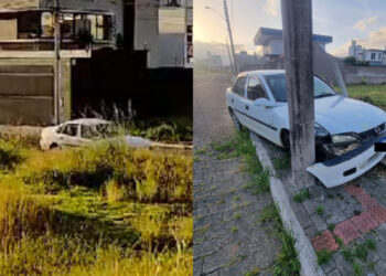 [Vídeo] Freio de mão falha, carro desce rua e bate contra poste em Jaraguá do Sul: “Carro foi abandonado”
