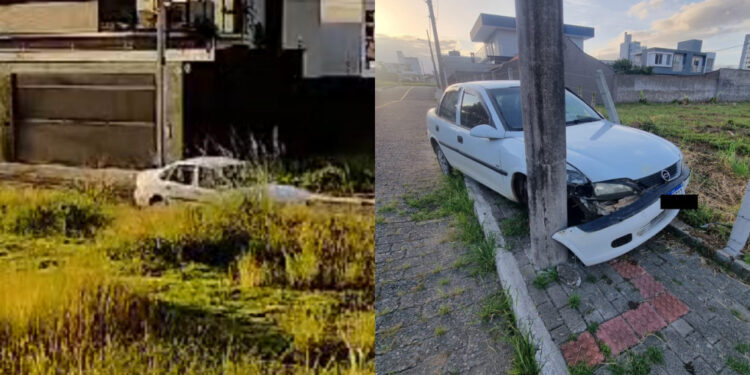 [Vídeo] Freio de mão falha, carro desce rua e bate contra poste em Jaraguá do Sul: “Carro foi abandonado”