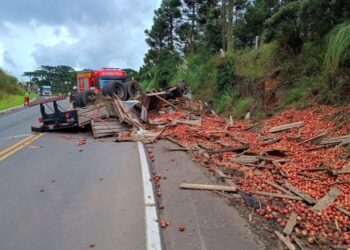Casal morre após caminhão carregado de maçã tombar em SC