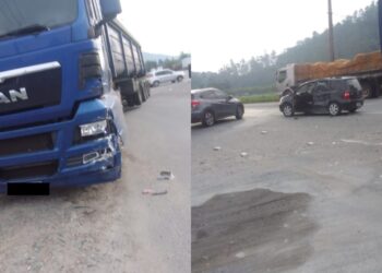 Caminhão e carro se envolvem em acidente na SC-108, em Guaramirim