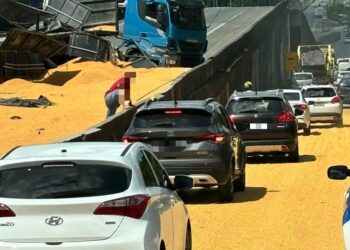 Caminhão derruba carga de soja e interdita a BR-101, em Joinville