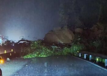 Pedra gigante cai sobre a BR-101 em Santa Catarina