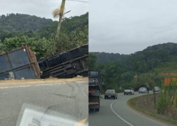 Motorista fica ferido após carreta sair da pista e tombar em Massaranduba