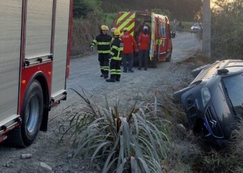 Carro cai em vala após saída de pista em Guaramirim
