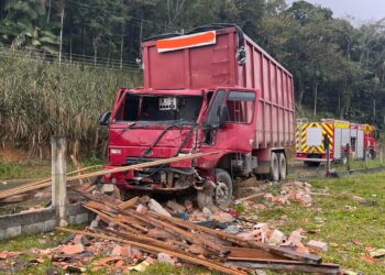 Caminhão bate contra cerca e muro em Guaramirim