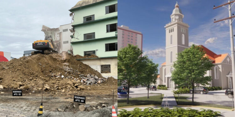 [Vídeo] Prédio no Centro de Jaraguá que dará lugar a praça começa a ser demolido