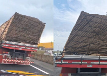 [Vídeo] Caminhão com carga inclinada é parado na BR-101 em Barra Velha e motorista leva multa