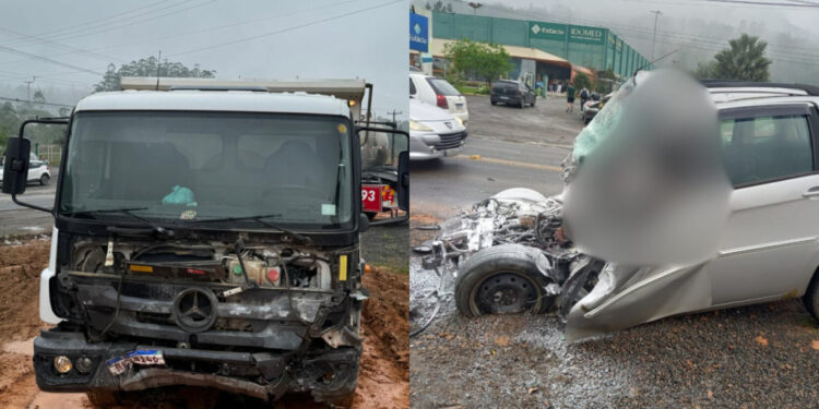 [Vídeo] Caminhoneiro envolvido em acidente em Jaraguá afirma que motorista que morreu invadiu a pista: “Não deu tempo de fazer nada”