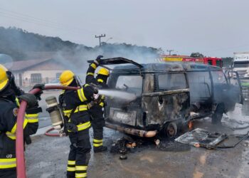 Kombi fica totalmente destruída após incêndio em Guaramirim