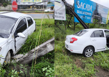 [Fotos e vídeo] Carro bate em poste em Jaraguá e cinco mil clientes da Celesc ficam sem energia elétrica