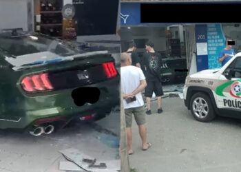 [Vídeo] Carro de luxo entra em comércio após acidente em Jaraguá do Sul