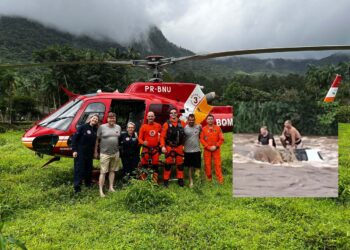 [Vídeo] Dois homens são resgatados de helicóptero após ficarem ilhados em tentativa de atravessar rio em SC