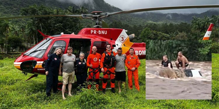 [Vídeo] Dois homens são resgatados de helicóptero após ficarem ilhados em tentativa de atravessar rio em SC
