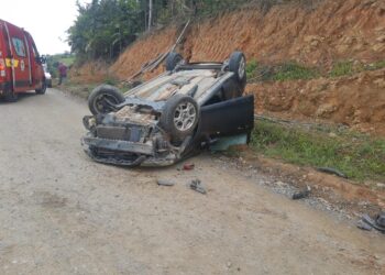Homem e mulher são encaminhados ao hospital após carro capotar em Guaramirim