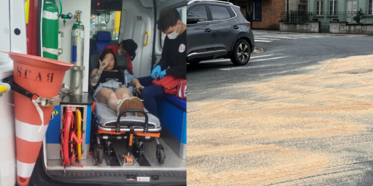 Óleo na pista provoca queda de moto e mulher fica ferida de Jaraguá do Sul