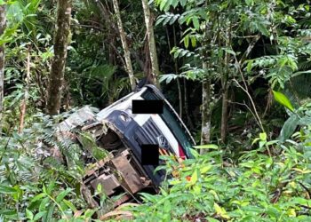 [Vídeo] Motorista tem suspeita de fratura após caminhão tombar em ribanceira em Jaraguá