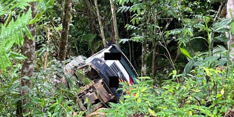 [Vídeo] Motorista tem suspeita de fratura após caminhão tombar em ribanceira em Jaraguá
