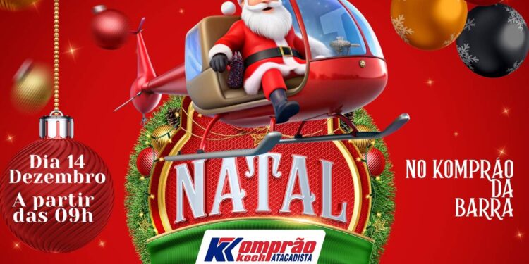 Papai Noel chega de helicóptero no Komprão da Barra em Jaraguá do Sul neste sábado (14)