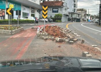 Canteiro é destruído por veículo na Marechal Deodoro em Jaraguá do Sul