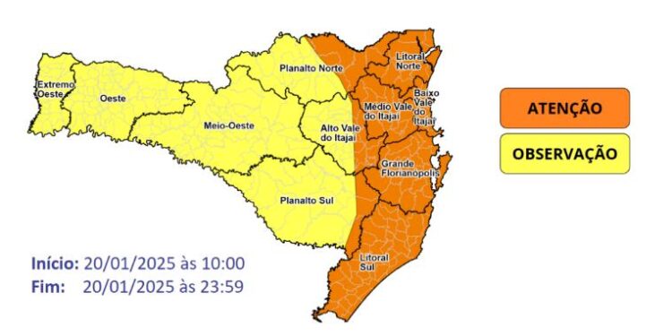 Defesa Civil de Santa Catarina emite novo alerta meteorológico