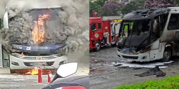 [Vídeo] Ônibus pega fogo em Jaraguá do Sul