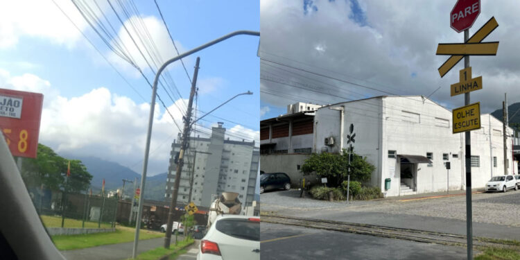 Trem para e evita acidente com caminhão em Jaraguá do Sul