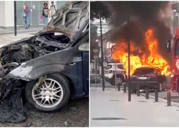 [Vídeo] Carro pega fogo e fica totalmente destruído no Calçadão, em Jaraguá do Sul