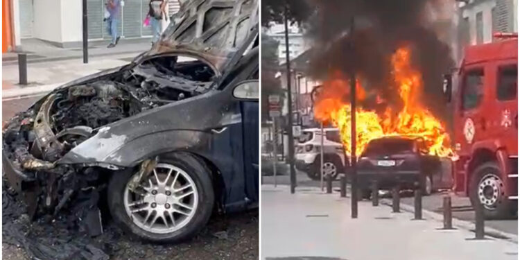 [Vídeo] Carro pega fogo e fica totalmente destruído no Calçadão, em Jaraguá do Sul