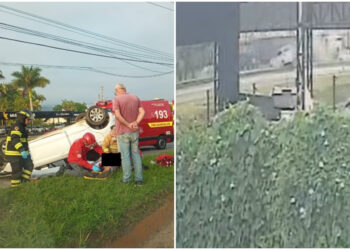 [Vídeo] Carro capota após ser atingido por caminhão em Jaraguá do Sul