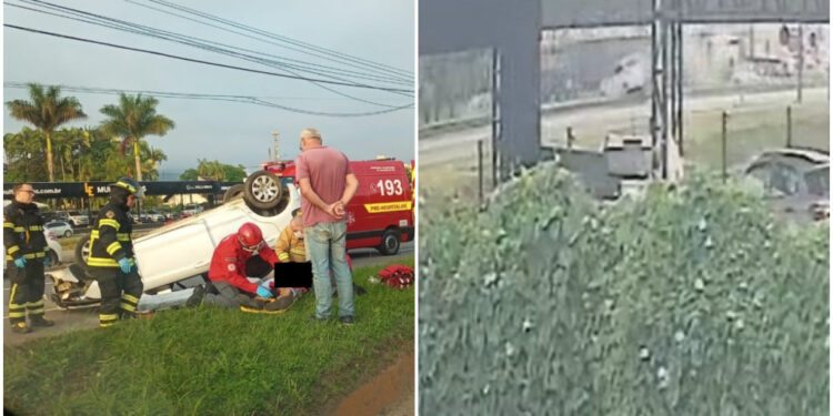 [Vídeo] Carro capota após ser atingido por caminhão em Jaraguá do Sul