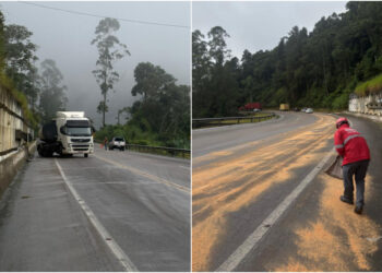 Caminhão se envolve em acidente e vazamento de óleo em grande escala é registrado na Serra de Corupá